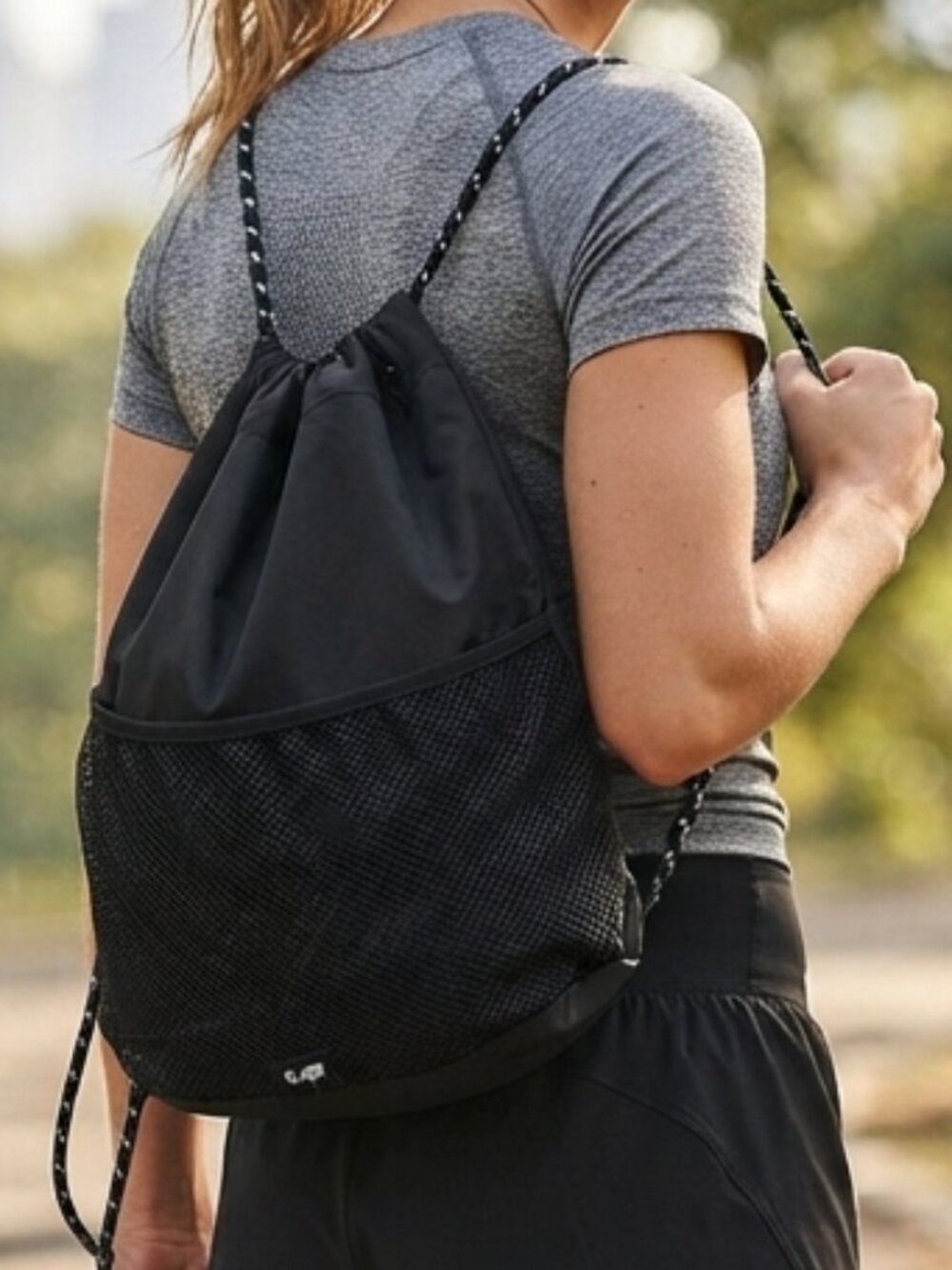 PINK Victoria's Secret Black Drawstring Backpack Gym Bag Cinch Tote Mesh Pocket